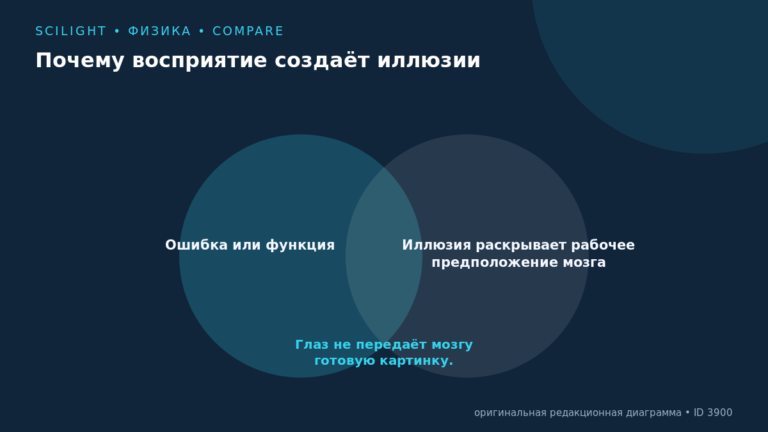 Схема к статье «Почему восприятие создаёт иллюзии»: Ошибка или функция, Иллюзия раскрывает рабочее предположение мозга, Глаз не передаёт мозгу готовую картинку.