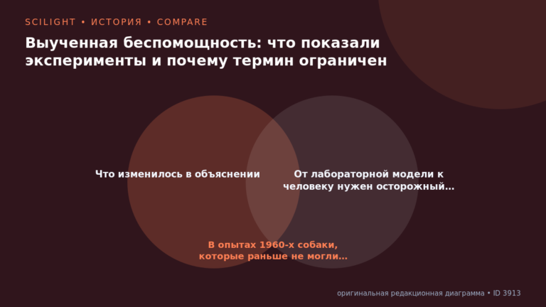 Схема к статье «Выученная беспомощность: что показали эксперименты и почему термин ограничен»: Что изменилось в объяснении, От лабораторной модели к человеку нужен осторожный…, В опытах 1960-х собаки, которые раньше не могли…
