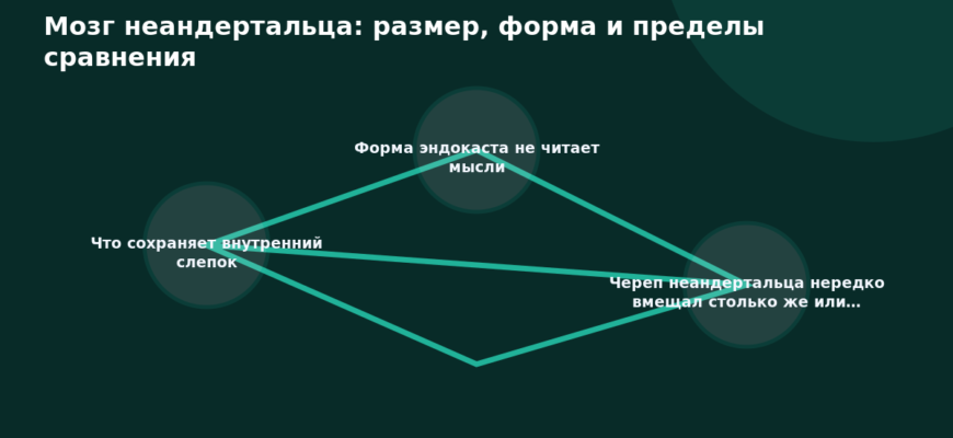 Схема к статье «Мозг неандертальца: размер, форма и пределы сравнения»: Что сохраняет внутренний слепок, Форма эндокаста не читает мысли, Череп неандертальца нередко вмещал столько же или…