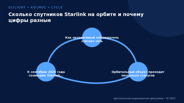 Схема к статье «Сколько спутников Starlink на орбите и почему цифры разные»: Как независимый наблюдатель считает сеть, Орбитальный объект проходит несколько статусов, К сентябрю 2026 года созвездие Starlink…