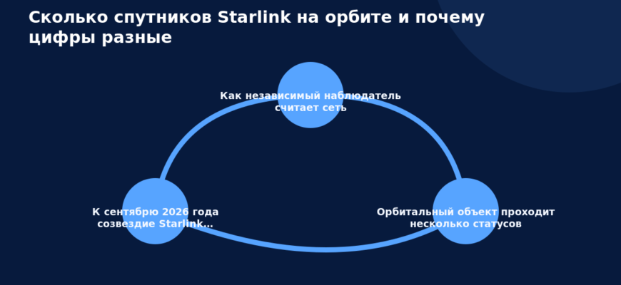Схема к статье «Сколько спутников Starlink на орбите и почему цифры разные»: Как независимый наблюдатель считает сеть, Орбитальный объект проходит несколько статусов, К сентябрю 2026 года созвездие Starlink…