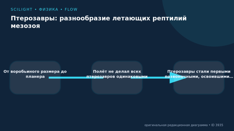Схема к статье «Птерозавры: разнообразие летающих рептилий мезозоя»: От воробьиного размера до планера, Полёт не делал всех птерозавров одинаковыми, Птерозавры стали первыми позвоночными, освоившими…