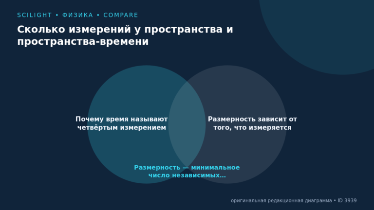 Схема к статье «Сколько измерений у пространства и пространства-времени»: Почему время называют четвёртым измерением, Размерность зависит от того, что измеряется, Размерность — минимальное число независимых…