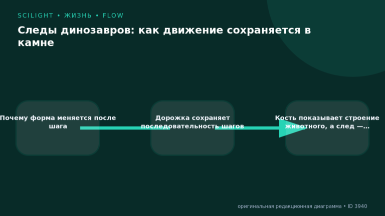 Схема к статье «Следы динозавров: как движение сохраняется в камне»: Почему форма меняется после шага, Дорожка сохраняет последовательность шагов, Кость показывает строение животного, а след —…