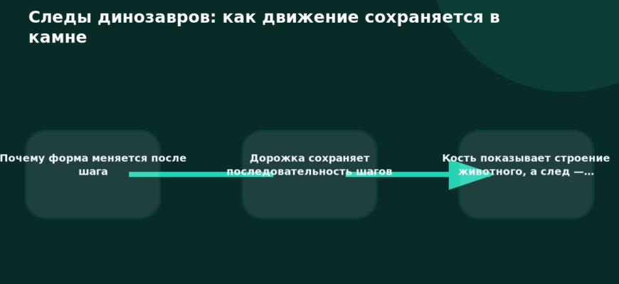 Схема к статье «Следы динозавров: как движение сохраняется в камне»: Почему форма меняется после шага, Дорожка сохраняет последовательность шагов, Кость показывает строение животного, а след —…