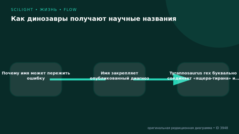 Схема к статье «Как динозавры получают научные названия»: Почему имя может пережить ошибку, Имя закрепляет опубликованный диагноз, Tyrannosaurus rex буквально соединяет «ящера-тирана» и…