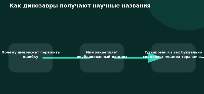 Схема к статье «Как динозавры получают научные названия»: Почему имя может пережить ошибку, Имя закрепляет опубликованный диагноз, Tyrannosaurus rex буквально соединяет «ящера-тирана» и…
