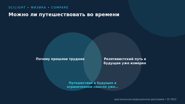 Схема к статье «Можно ли путешествовать во времени»: Почему прошлое труднее, Релятивистский путь в будущее уже измерен, Путешествие в будущее в ограниченном смысле уже…