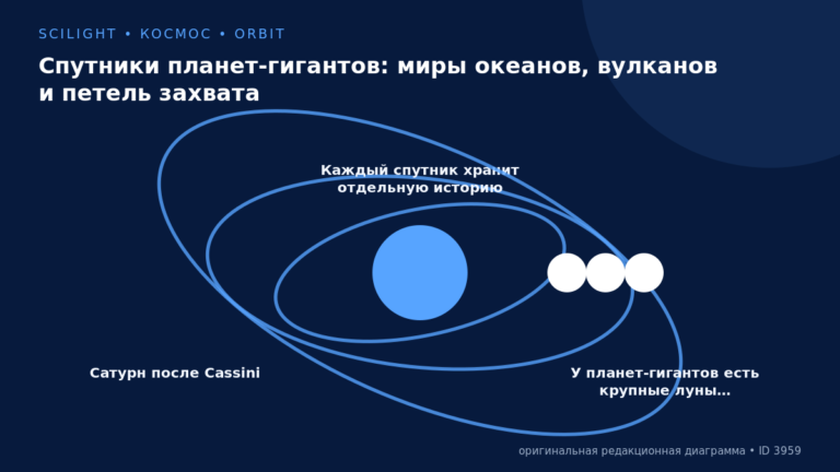 Схема к статье «Спутники планет-гигантов: миры океанов, вулканов и петель захвата»: Сатурн после Cassini, Каждый спутник хранит отдельную историю, У планет-гигантов есть крупные луны…
