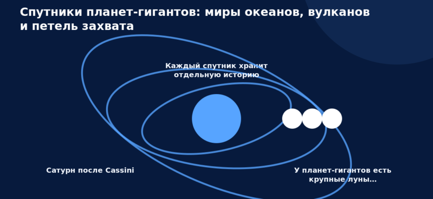 Схема к статье «Спутники планет-гигантов: миры океанов, вулканов и петель захвата»: Сатурн после Cassini, Каждый спутник хранит отдельную историю, У планет-гигантов есть крупные луны…
