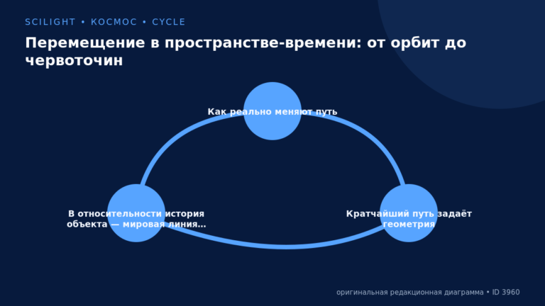 Схема к статье «Перемещение в пространстве-времени: от орбит до червоточин»: Как реально меняют путь, Кратчайший путь задаёт геометрия, В относительности история объекта — мировая линия…