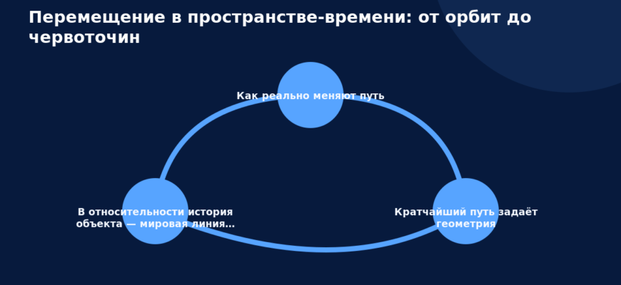 Схема к статье «Перемещение в пространстве-времени: от орбит до червоточин»: Как реально меняют путь, Кратчайший путь задаёт геометрия, В относительности история объекта — мировая линия…