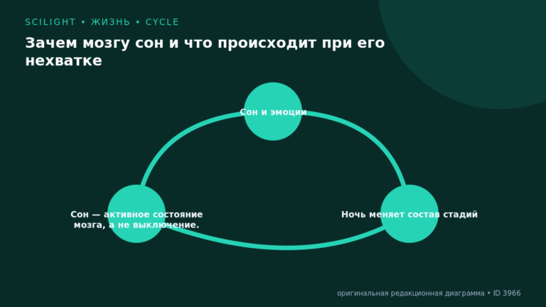 Схема к статье «Зачем мозгу сон и что происходит при его нехватке»: Сон и эмоции, Ночь меняет состав стадий, Сон — активное состояние мозга, а не выключение.