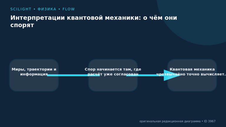 Схема к статье «Интерпретации квантовой механики: о чём они спорят»: Миры, траектории и информация, Спор начинается там, где расчёт уже согласован, Квантовая механика чрезвычайно точно вычисляет…