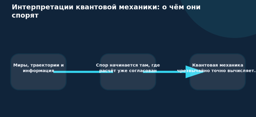 Схема к статье «Интерпретации квантовой механики: о чём они спорят»: Миры, траектории и информация, Спор начинается там, где расчёт уже согласован, Квантовая механика чрезвычайно точно вычисляет…