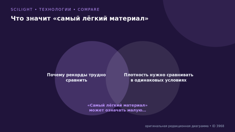 Схема к статье «Что значит «самый лёгкий материал»»: Почему рекорды трудно сравнить, Плотность нужно сравнивать в одинаковых условиях, «Самый лёгкий материал» может означать малую…