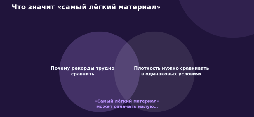 Схема к статье «Что значит «самый лёгкий материал»»: Почему рекорды трудно сравнить, Плотность нужно сравнивать в одинаковых условиях, «Самый лёгкий материал» может означать малую…