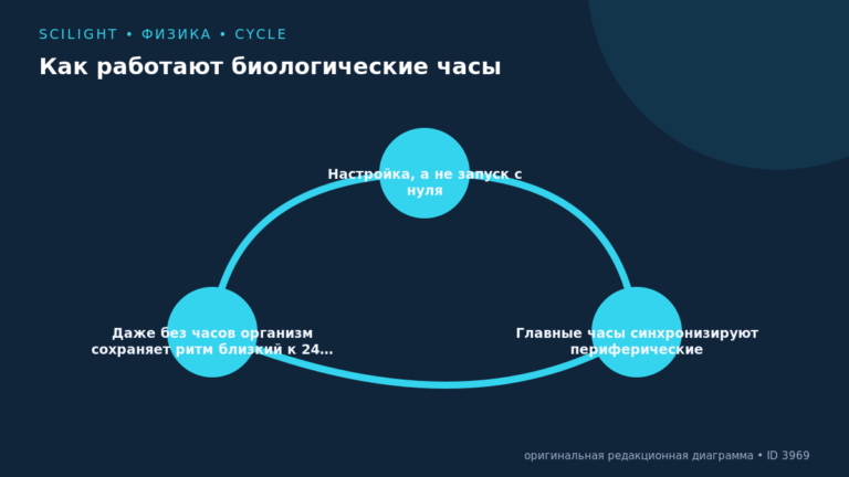 Схема к статье «Как работают биологические часы»: Настройка, а не запуск с нуля, Главные часы синхронизируют периферические, Даже без часов организм сохраняет ритм близкий к 24…