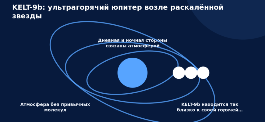 Схема к статье «KELT-9b: ультрагорячий юпитер возле раскалённой звезды»: Атмосфера без привычных молекул, Дневная и ночная стороны связаны атмосферой, KELT-9b находится так близко к своей горячей…