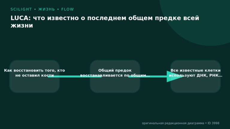 Схема к статье «LUCA: что известно о последнем общем предке всей жизни»: Как восстановить того, кто не оставил кости, Общий предок восстанавливается по общим…, Все известные клетки используют ДНК, РНК…