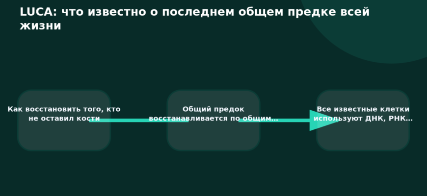 Схема к статье «LUCA: что известно о последнем общем предке всей жизни»: Как восстановить того, кто не оставил кости, Общий предок восстанавливается по общим…, Все известные клетки используют ДНК, РНК…
