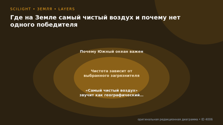 Схема к статье «Где на Земле самый чистый воздух и почему нет одного победителя»: Почему Южный океан важен, Чистота зависит от выбранного загрязнителя, «Самый чистый воздух» звучит как географический…