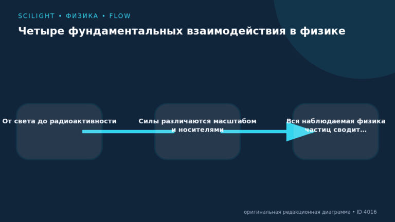 Схема к статье «Четыре фундаментальных взаимодействия в физике»: От света до радиоактивности, Силы различаются масштабом и носителями, Вся наблюдаемая физика частиц сводит…