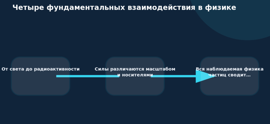 Схема к статье «Четыре фундаментальных взаимодействия в физике»: От света до радиоактивности, Силы различаются масштабом и носителями, Вся наблюдаемая физика частиц сводит…