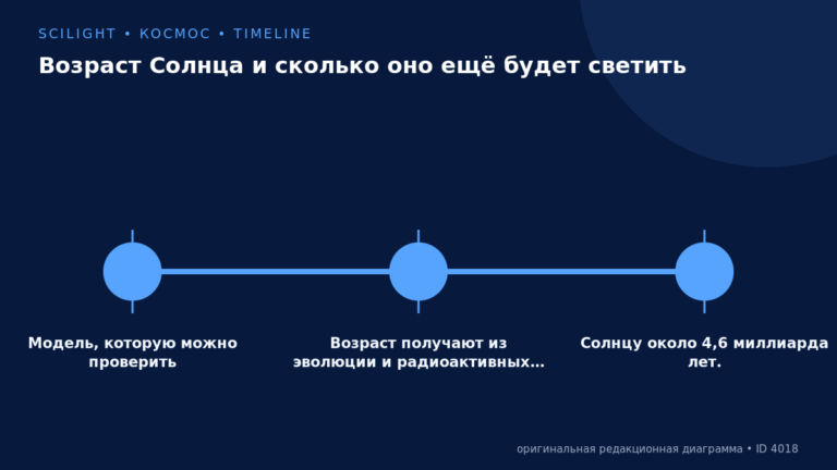 Схема к статье «Возраст Солнца и сколько оно ещё будет светить»: Модель, которую можно проверить, Возраст получают из эволюции и радиоактивных…, Солнцу около 4,6 миллиарда лет.