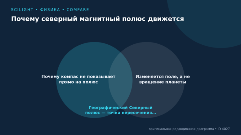 Схема к статье «Почему северный магнитный полюс движется»: Почему компас не показывает прямо на полюс, Изменяется поле, а не вращение планеты, Географический Северный полюс — точка пересечения…