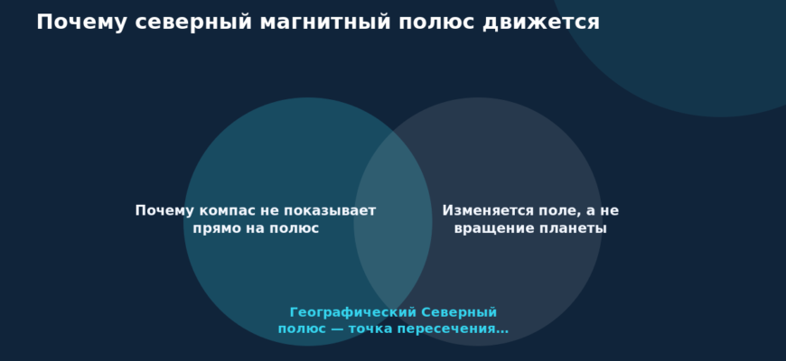 Схема к статье «Почему северный магнитный полюс движется»: Почему компас не показывает прямо на полюс, Изменяется поле, а не вращение планеты, Географический Северный полюс — точка пересечения…