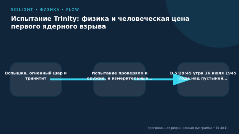 Схема к статье «Испытание Trinity: физика и человеческая цена первого ядерного взрыва»: Вспышка, огненный шар и тринитит, Испытание проверяло и оружие, и измерительные…, В 5:29:45 утра 16 июля 1945 года над пустыней…