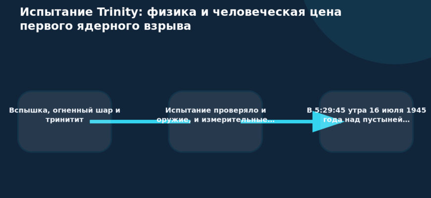 Схема к статье «Испытание Trinity: физика и человеческая цена первого ядерного взрыва»: Вспышка, огненный шар и тринитит, Испытание проверяло и оружие, и измерительные…, В 5:29:45 утра 16 июля 1945 года над пустыней…
