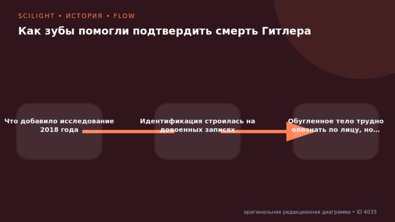 Схема к статье «Как зубы помогли подтвердить смерть Гитлера»: Что добавило исследование 2018 года, Идентификация строилась на довоенных записях, Обугленное тело трудно опознать по лицу, но…