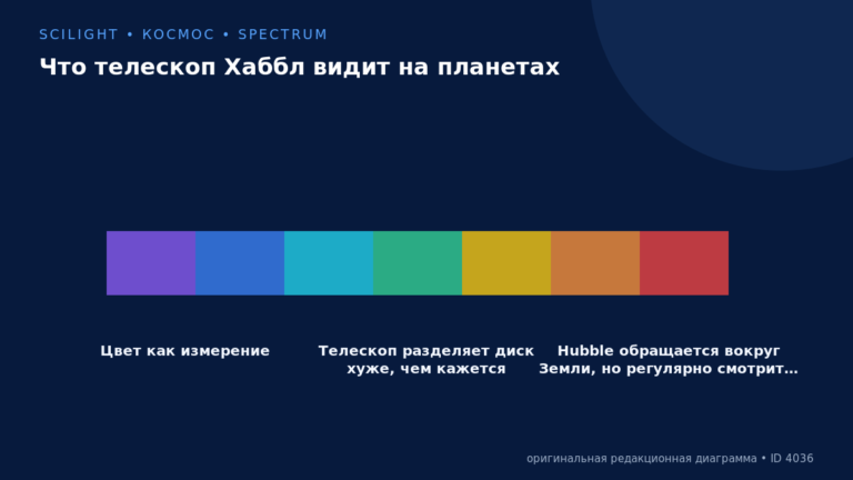 Схема к статье «Что телескоп Хаббл видит на планетах»: Цвет как измерение, Телескоп разделяет диск хуже, чем кажется, Hubble обращается вокруг Земли, но регулярно смотрит…
