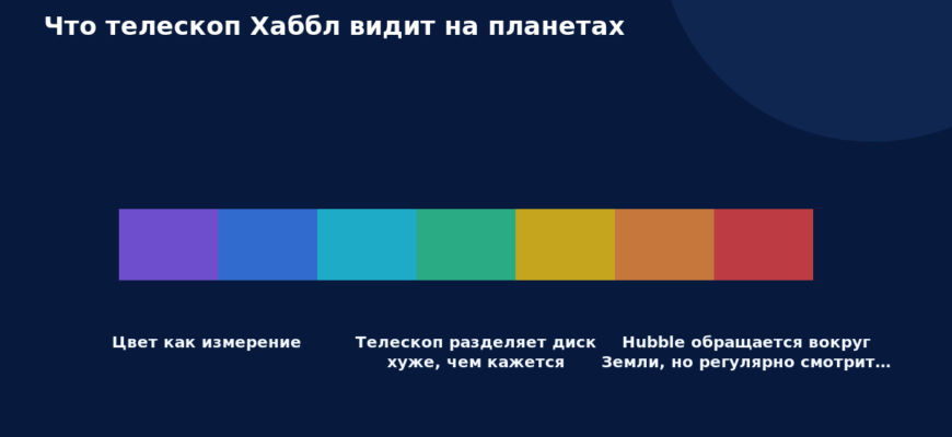 Схема к статье «Что телескоп Хаббл видит на планетах»: Цвет как измерение, Телескоп разделяет диск хуже, чем кажется, Hubble обращается вокруг Земли, но регулярно смотрит…