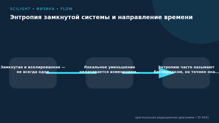 Схема к статье «Энтропия замкнутой системы и направление времени»: Замкнутая и изолированная — не всегда одно, Локальное уменьшение оплачивается изменением…, Энтропию часто называют беспорядком, но точнее она…