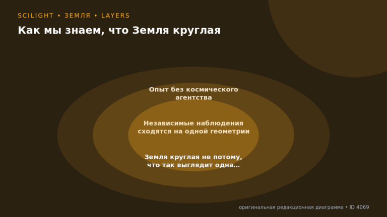 Схема к статье «Как мы знаем, что Земля круглая»: Опыт без космического агентства, Независимые наблюдения сходятся на одной геометрии, Земля круглая не потому, что так выглядит одна…