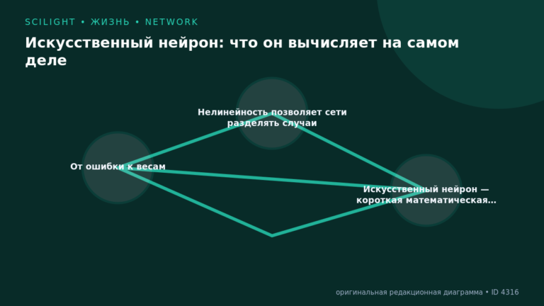 Схема к статье «Искусственный нейрон: что он вычисляет на самом деле»: От ошибки к весам, Нелинейность позволяет сети разделять случаи, Искусственный нейрон — короткая математическая…