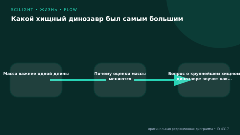 Схема к статье «Какой хищный динозавр был самым большим»: Масса важнее одной длины, Почему оценки массы меняются, Вопрос о крупнейшем хищном динозавре звучит как…