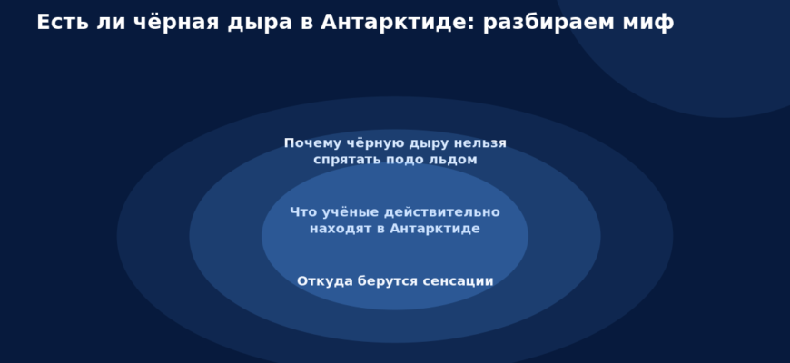 Схема к статье «Есть ли чёрная дыра в Антарктиде: разбираем миф»: Почему чёрную дыру нельзя спрятать подо льдом, Что учёные действительно находят в Антарктиде, Откуда берутся сенсации