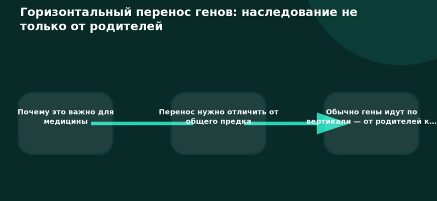 Схема к статье «Горизонтальный перенос генов: наследование не только от родителей»: Почему это важно для медицины, Перенос нужно отличить от общего предка, Обычно гены идут по вертикали — от родителей к…