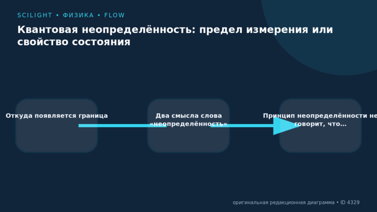 Схема к статье «Квантовая неопределённость: предел измерения или свойство состояния»: Откуда появляется граница, Два смысла слова «неопределённость», Принцип неопределённости не говорит, что…