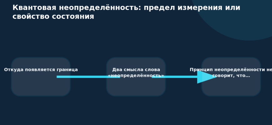 Схема к статье «Квантовая неопределённость: предел измерения или свойство состояния»: Откуда появляется граница, Два смысла слова «неопределённость», Принцип неопределённости не говорит, что…
