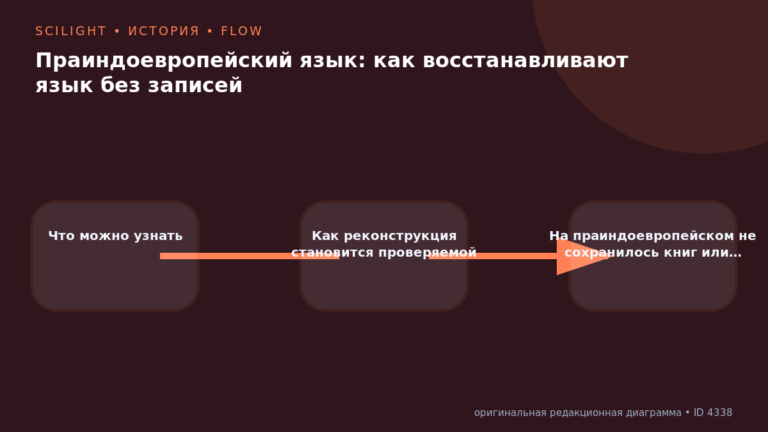 Схема к статье «Праиндоевропейский язык: как восстанавливают язык без записей»: Что можно узнать, Как реконструкция становится проверяемой, На праиндоевропейском не сохранилось книг или…