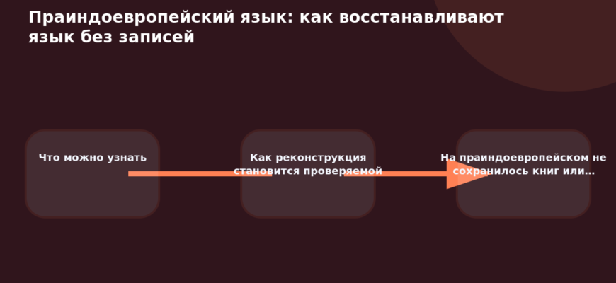 Схема к статье «Праиндоевропейский язык: как восстанавливают язык без записей»: Что можно узнать, Как реконструкция становится проверяемой, На праиндоевропейском не сохранилось книг или…
