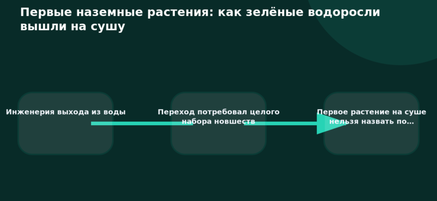 Схема к статье «Первые наземные растения: как зелёные водоросли вышли на сушу»: Инженерия выхода из воды, Переход потребовал целого набора новшеств, Первое растение на суше нельзя назвать по…