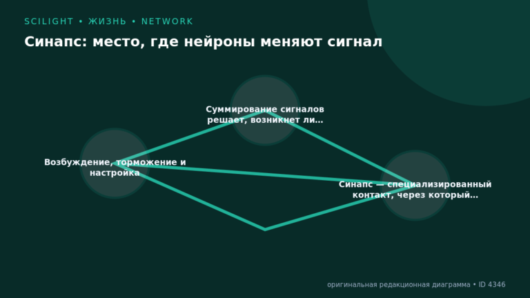 Схема к статье «Синапс: место, где нейроны меняют сигнал»: Возбуждение, торможение и настройка, Суммирование сигналов решает, возникнет ли…, Синапс — специализированный контакт, через который…