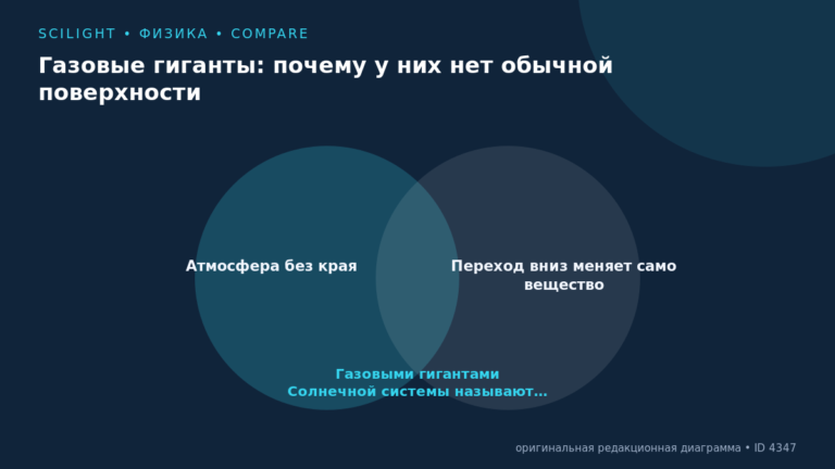 Схема к статье «Газовые гиганты: почему у них нет обычной поверхности»: Атмосфера без края, Переход вниз меняет само вещество, Газовыми гигантами Солнечной системы называют…