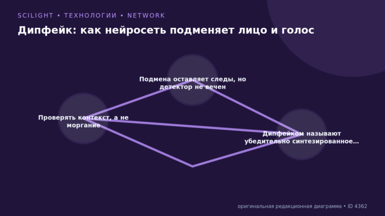 Схема к статье «Дипфейк: как нейросеть подменяет лицо и голос»: Проверять контекст, а не моргание, Подмена оставляет следы, но детектор не вечен, Дипфейком называют убедительно синтезированное…